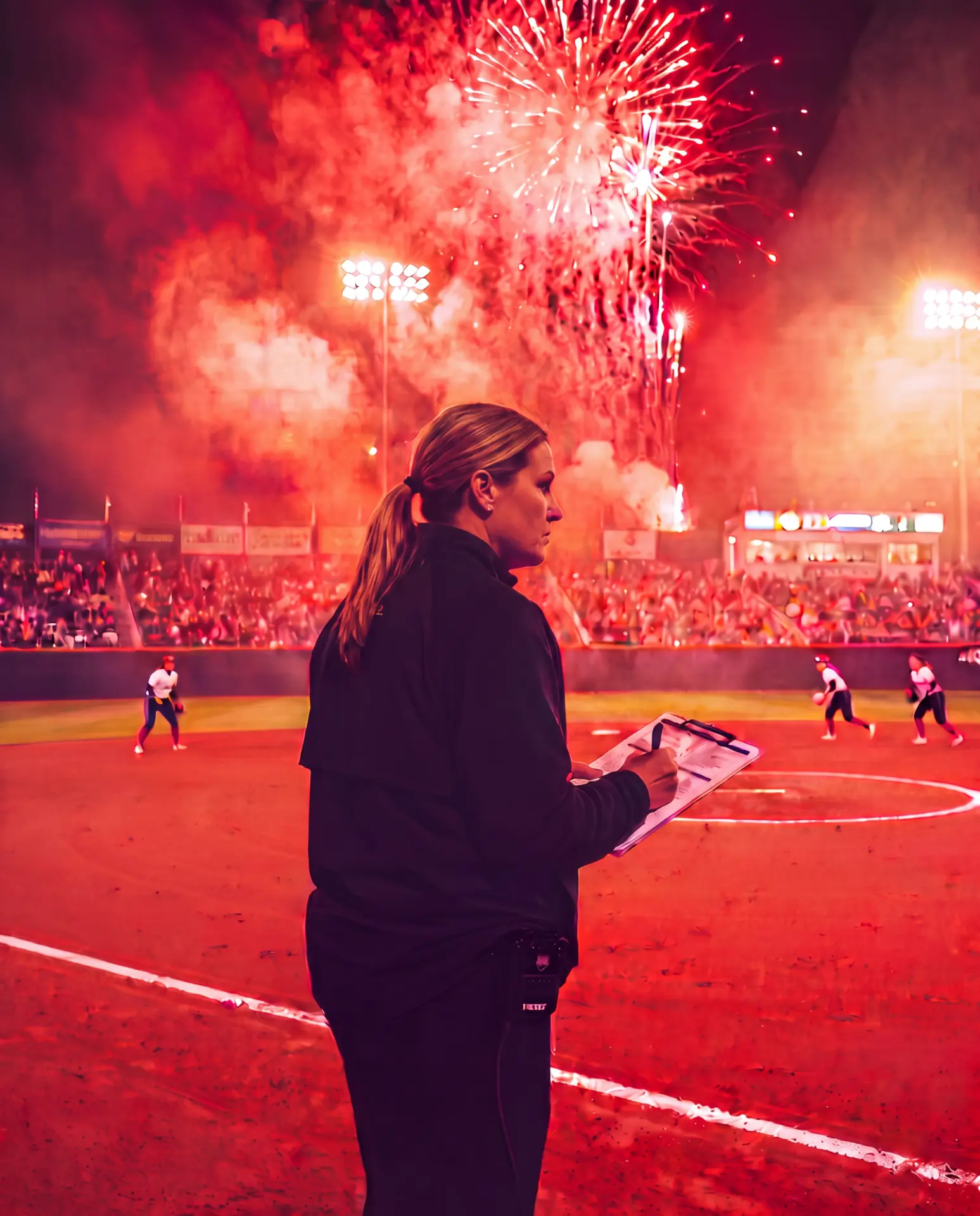 Softball coach charting the game from the sideline under stadium lights and fireworks