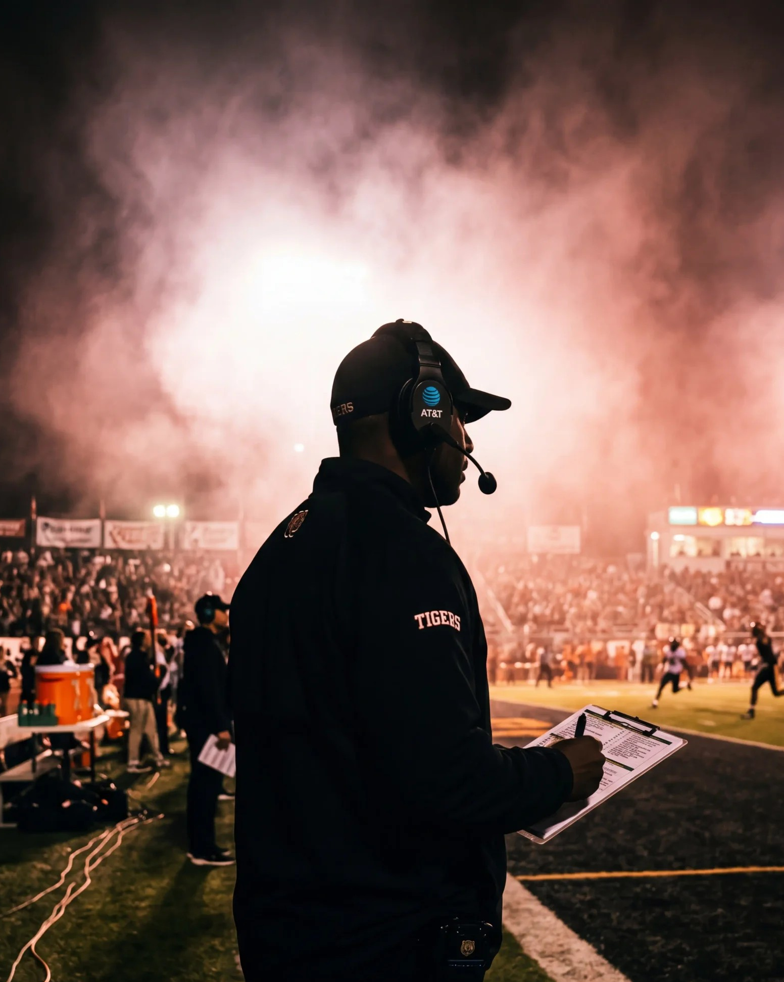 Coach on the sideline at a stadium with smoke and lights