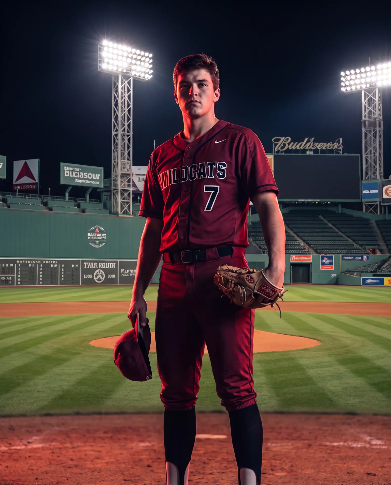 Baseball player in red Wildcats jersey holding cap and glove on a lit field
